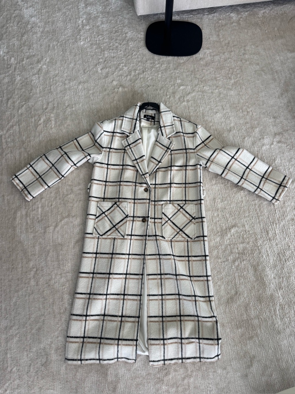 Lulus Long Plaid Wool Blend Belted Windowpane Coat Cream Black Camel - Picture 4 of 9